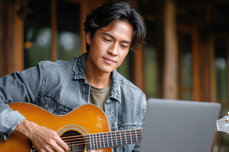 Young man learning guitar online, looking at laptop, practicing musicの素材