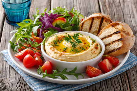 Hummus serving in a bowl with olive oil, parsley, cherry tomatoes, herbs and grilled breadの素材