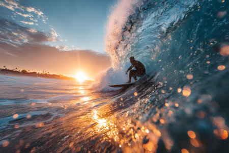 Surfer riding a powerful ocean wave, catching golden light at sunsetの素材
