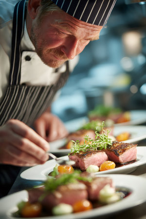 Chef carefully plating individual portions of gourmet duck breast for serviceの素材