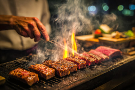 Chef expertly grilling premium beef steaks on a hot griddle with mesmerizing smoke and flamesの素材