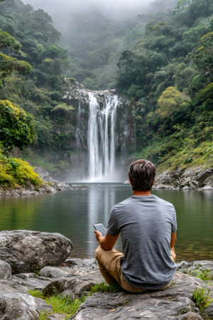 Man enjoying a moment of contemplation, sitting on rocks near a lake with a smartphoneの素材