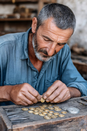 Artisan's hand holding a new hand stamped coin on a wooden workbenchの素材