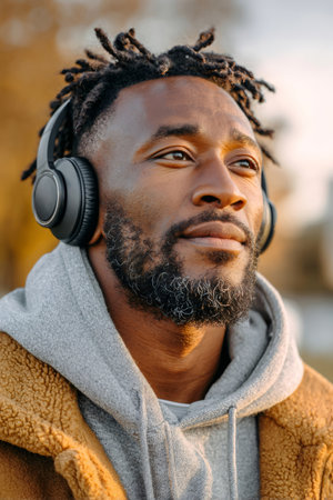 African american man enjoying music with headphones, looking away thoughtfullyの素材