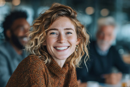 Young woman smiling with freckles and curly hair in a professional office environmentの素材