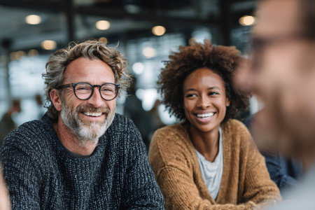 People smiling, engaging in a happy, casual business conversationの素材