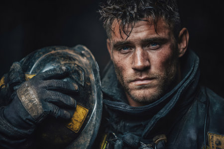 Portrait of a dirty first responder looking after a challenging incidentの素材