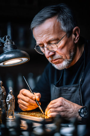 Craftsman working on a golden artwork with fine tools, demonstrating precision and skillの素材