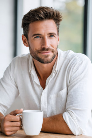 Handsome man holding a mug of coffee smiling, looking away relaxing at homeの素材