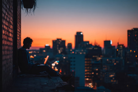 Man working with laptop on a rooftop during a vibrant sunset over the cityの素材