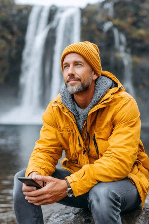 Mature man in yellow jacket and beanie enjoying nature by a waterfall, holding a smartphoneの素材