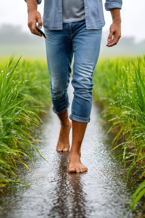 Man feeling the ground walking barefoot on a wet path surrounded by vibrant green growthの素材