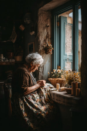 Senior woman hand stitching pattern fabric by window in a traditional homeの素材