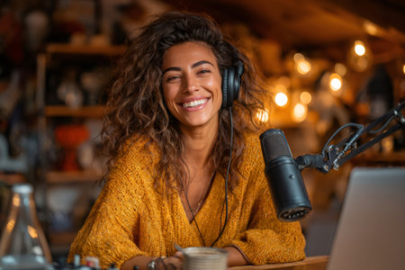 Smiling woman wearing headphones hosting an online podcast using a microphone and laptopの素材