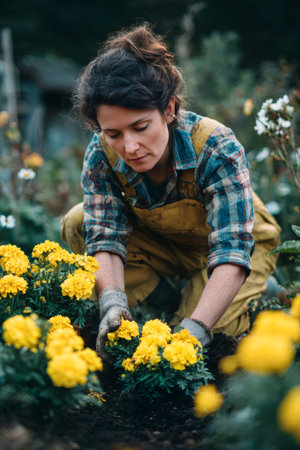 Woman gardening, planting yellow marigold flowers in dark soilの素材