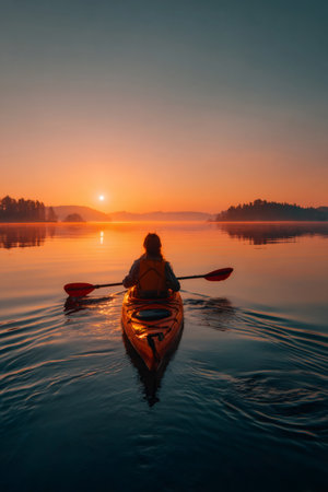 Woman paddling a kayak on a serene lake during an orange sunrise, enjoying solitudeの素材
