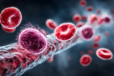 Cancer cell adhering to a blood vessel wall, initiating the process of metastasisの素材