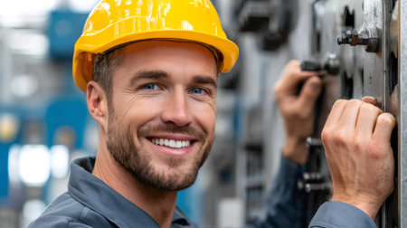Happy engineer in uniform adjusting machinery in a manufacturing plantの素材
