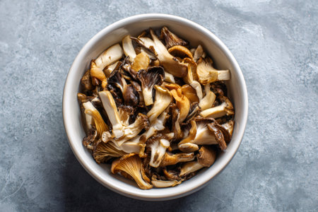 Cooked variety of wild mushrooms, a healthy ingredient for culinary cooking, on a natural backgroundの素材