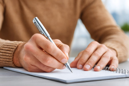 Man's hands holding a pen, writing on a lined paper notebookの素材