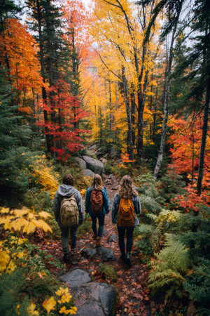 Three friends with backpacks enjoying a nature hike on a winding forest path during fallの素材