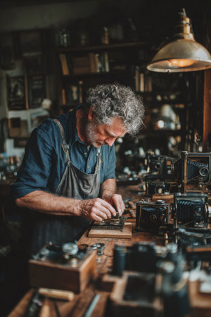 Senior artisan focusing on restoring antique photography equipment in a traditional studioの素材