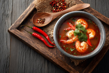 Savory Thai tom yum soup with shrimp, chili, and cilantro served in a bowlの素材