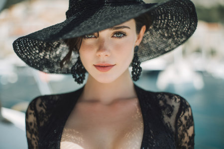Young woman wearing a large black lace hat and matching earrings, having frecklesの素材