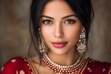 Elegant Indian woman portrait with traditional clothing and elaborate bridal jewelryの素材
