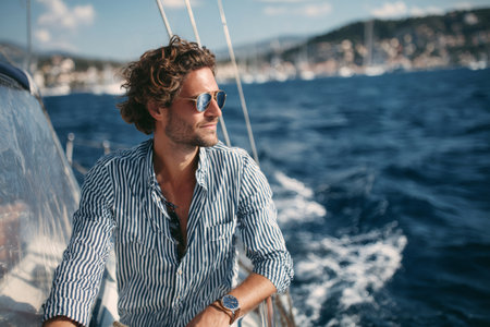 Young man wearing sunglasses and striped shirt sailing on blue seaの素材