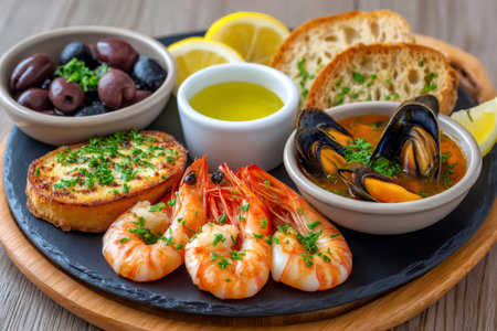 Serving a fresh seafood platter with shrimp, mussels, olives, bread, and dipping oil on a slateの素材