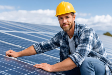 Worker installing renewable energy solar panels on a rooftop under a bright blue skyの素材