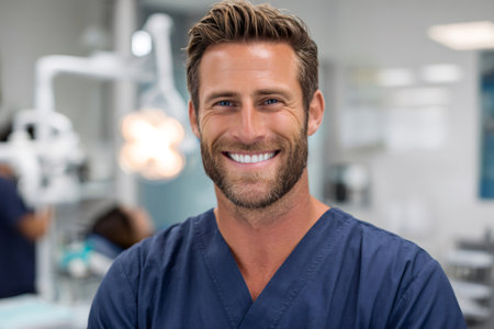 Male dentist wearing scrubs, smiling in a modern dental officeの素材