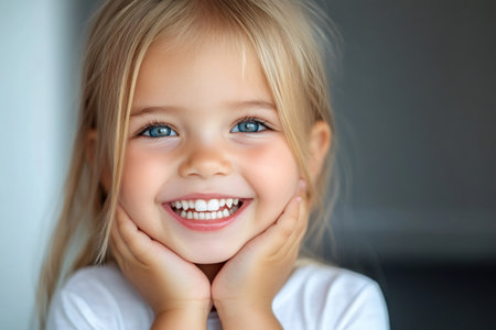 Happy little blonde girl smiling broadly, resting chin in handsの素材