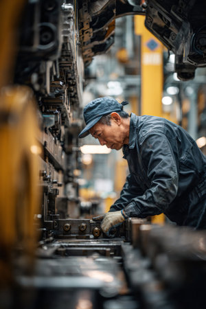 Experienced factory worker performing tasks on an assembly line in a manufacturing plantの素材