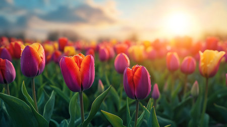 Vibrant tulips blooming in a field during a beautiful sunset, creating a colorful and peaceful sceneの素材