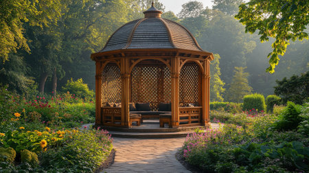 Beautiful wooden gazebo surrounded by vibrant garden flowers and greeneryの素材
