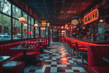 Classic American diner restaurant with red leather furniture, neon signs, and checkered floor, waiting for customersの素材
