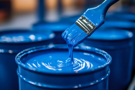 Blue paint dripping from a brush into a metal bucket in a paint factoryの素材