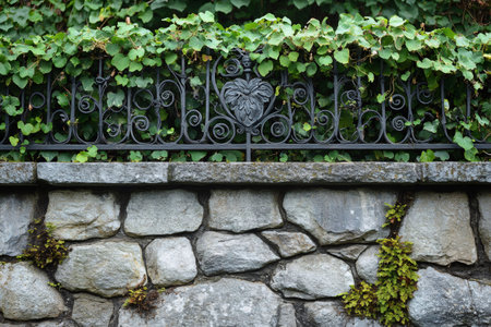 Ornamental wrought iron fence covered with lush climbing plants atop a robust stone wall, creating a picturesque scene of nature and architectureの素材