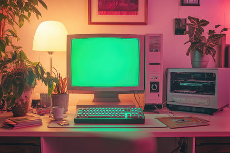 Retro computer setup with green screen monitor, keyboard, and houseplants in a cozy, illuminated room, ideal for chroma key compositingの素材