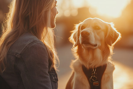 Woman and her golden retriever enjoying a peaceful moment together during a beautiful sunsetの素材
