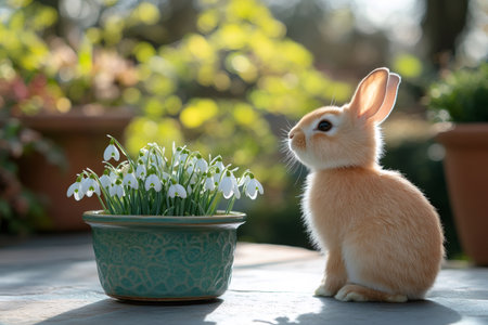 Adorable baby bunny rabbit exploring a spring garden and sitting next to a pot of snowdrop flowersの素材