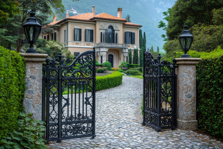 Open gate leading to beautiful villa with cobblestone driveway and manicured gardensの素材