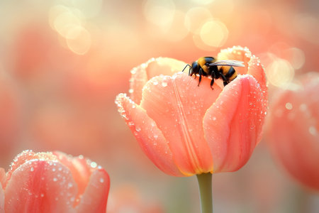 Close up of bumblebee pollinating peach tulip covered in dew drops in spring garden with soft sunlightの素材