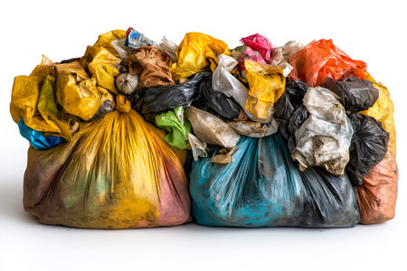 Colorful overflowing garbage bags are polluting the environment with plastic wasteの素材
