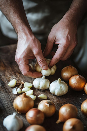 Chef preparing garlic cloves for a recipe on a rustic wooden cutting board, with onions and rosemaryの素材