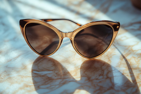 Stylish cat eye sunglasses are placed on a marble surface, casting a shadow in the sunlightの素材