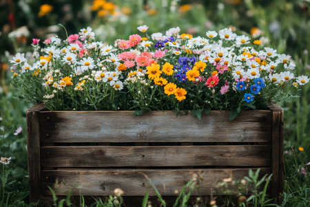 Colorful daisies blooming in a rustic wooden crate, adding a touch of charm to a garden settingの素材