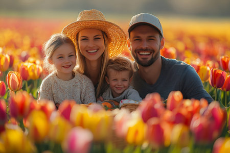 Smiling family with two children enjoying a sunny day in a field of colorful tulipsの素材